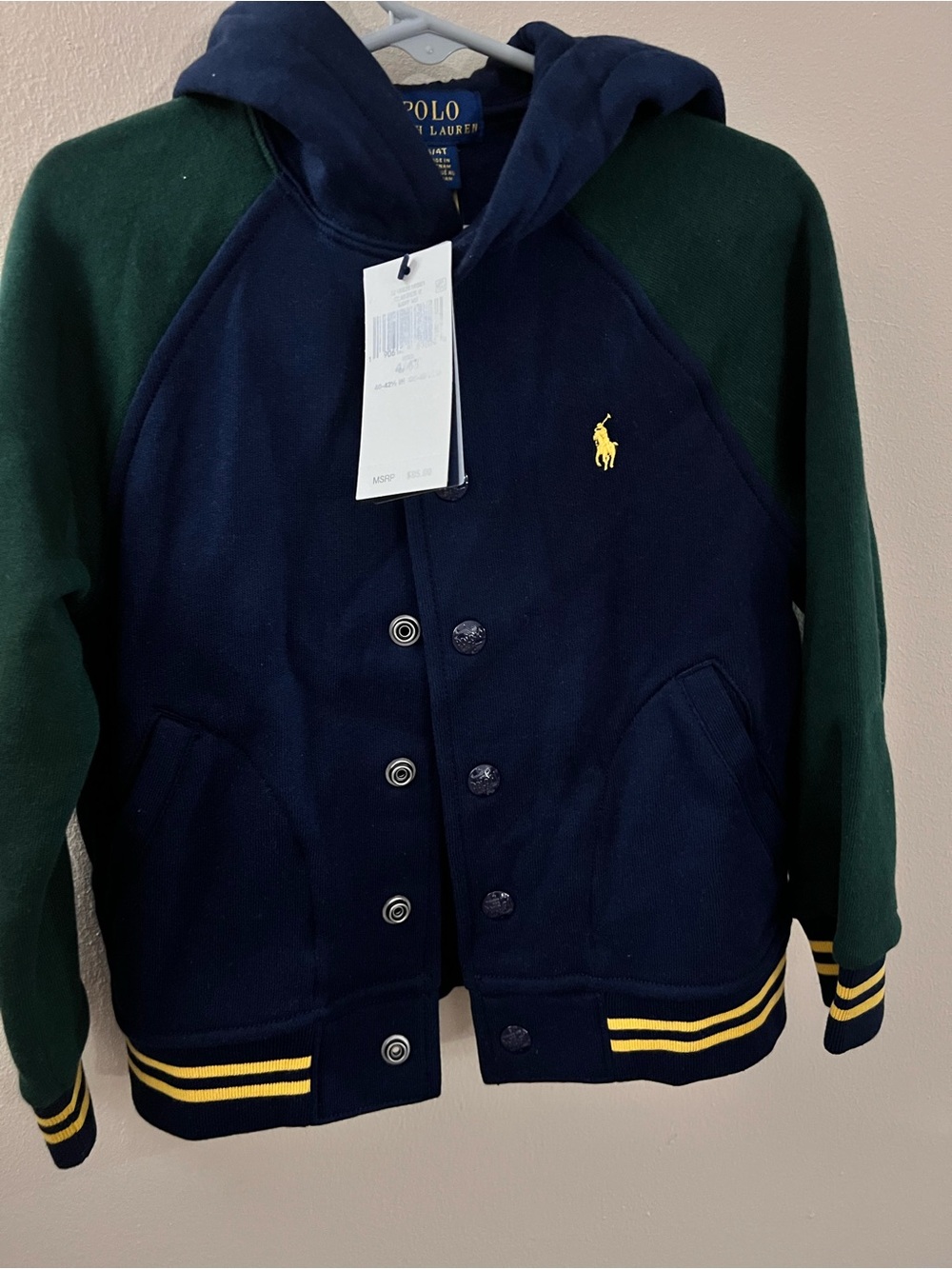 Polo by Ralph Lauren Navy & Forest Green Hooded Varsity Jacket with Yellow Trim